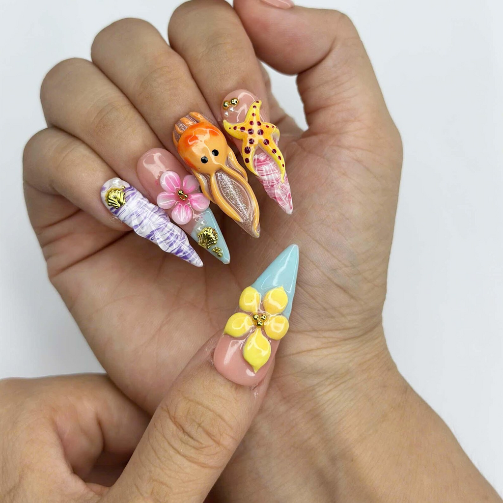 3D Sea Creature Press On Nails, Jellyfish Octopus Turtle Nail Set, Cute Tropical Ocean