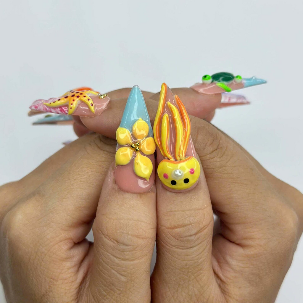 3D Sea Creature Press On Nails, Jellyfish Octopus Turtle Nail Set, Cute Tropical Ocean