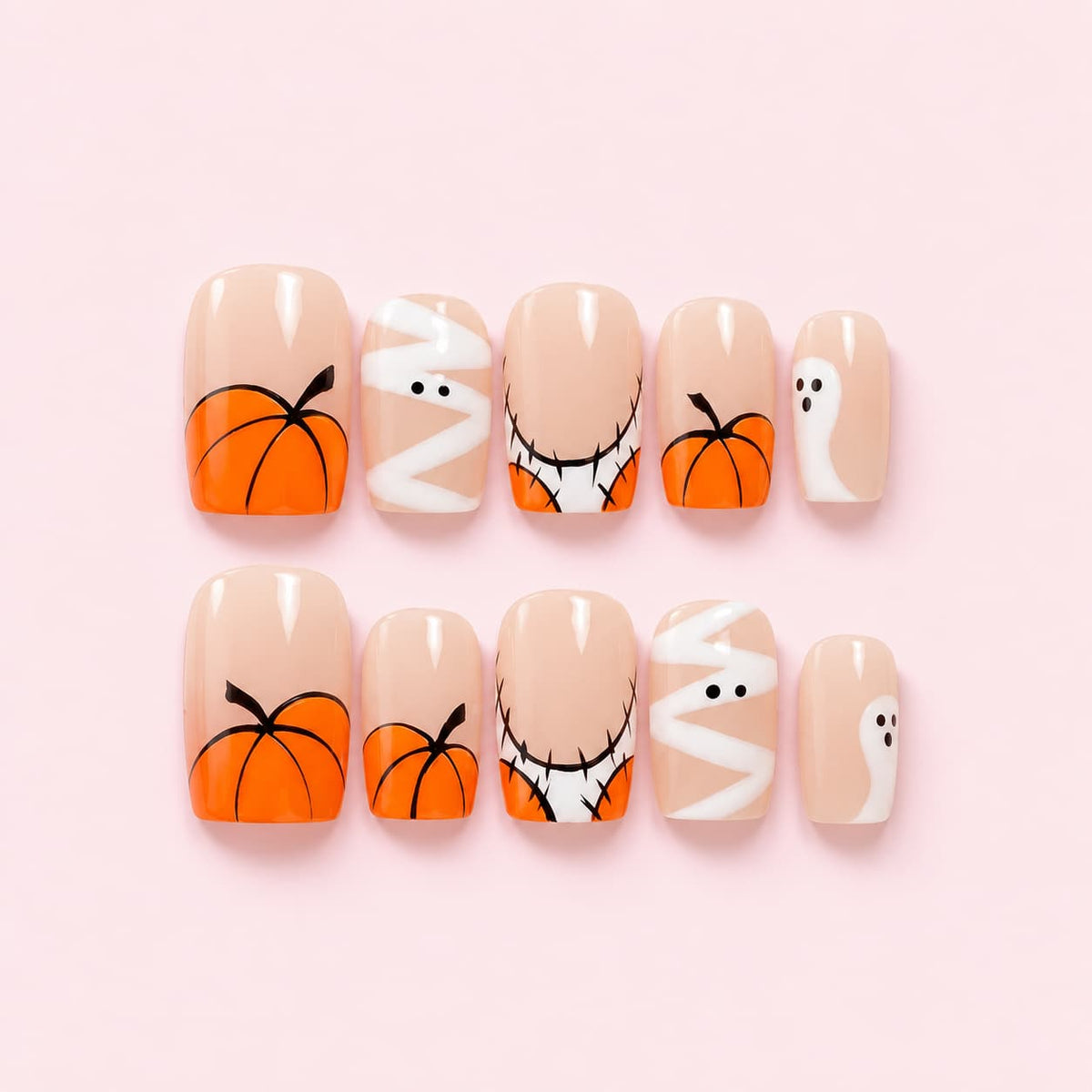 Cute Halloween Square Press-On Nails — Hand-Painted