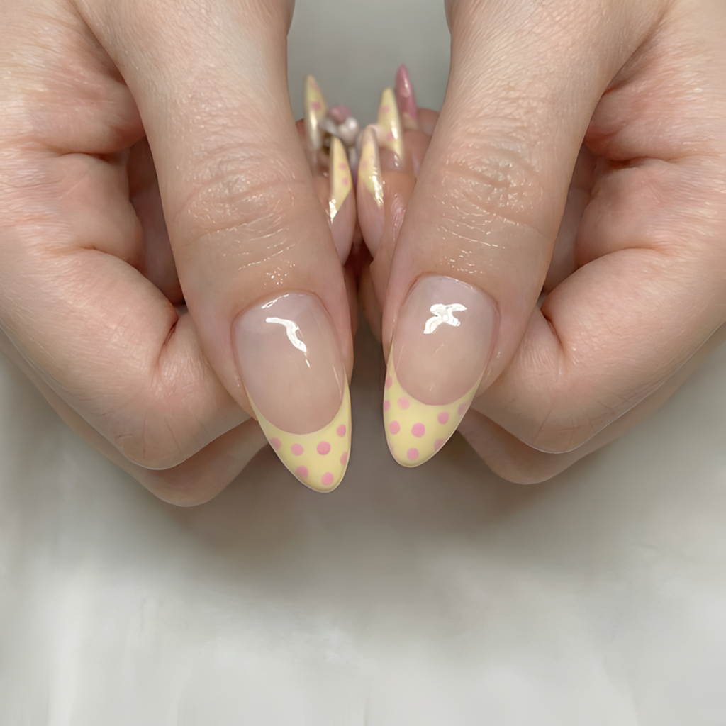 Nail Tabs for Press On Nails – Pastel Yellow Pink Polka Dot Doll & 3D Bow Long Almond Handmade Cute Coquette Fake Nails