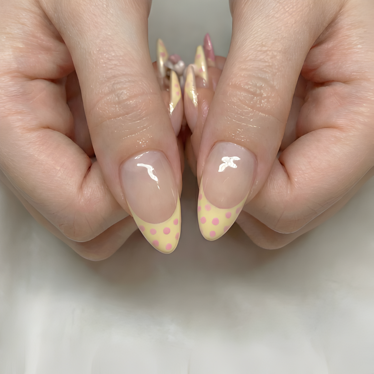 Nail Tabs for Press On Nails – Pastel Yellow Pink Polka Dot Doll & 3D Bow Long Almond Handmade Cute Coquette Fake Nails