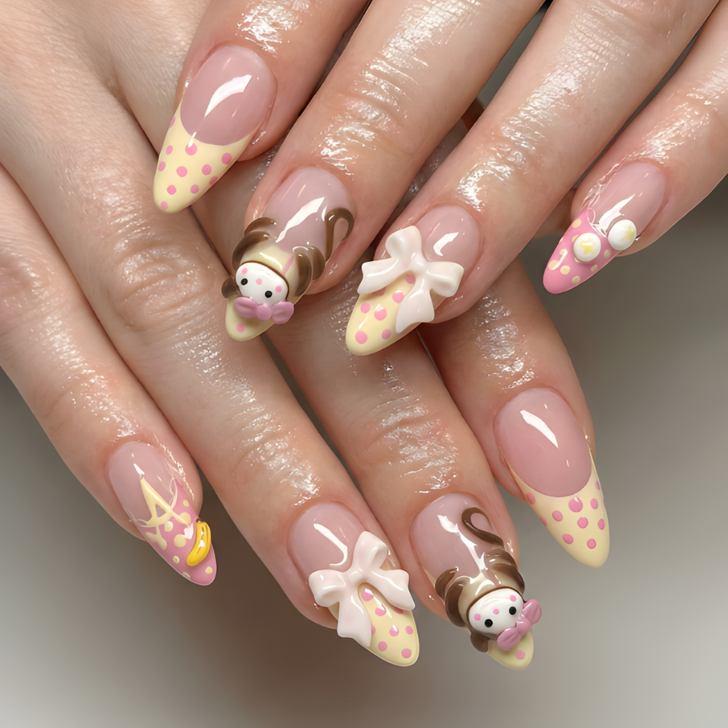 Nail Tabs for Press On Nails – Pastel Yellow Pink Polka Dot Doll & 3D Bow Long Almond Handmade Cute Coquette Fake Nails