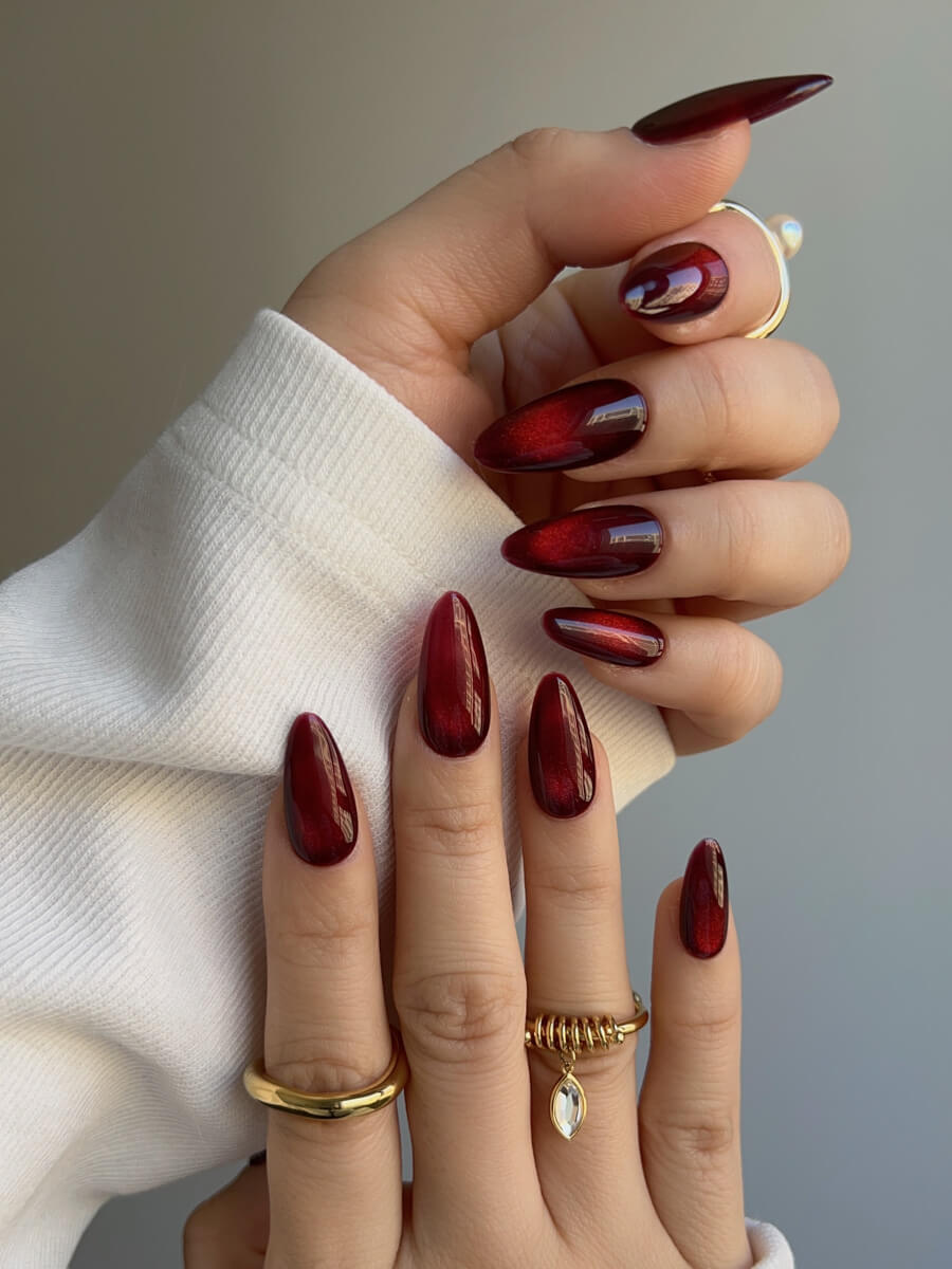 Deep Red Cat Eye Reusable Press On Nails