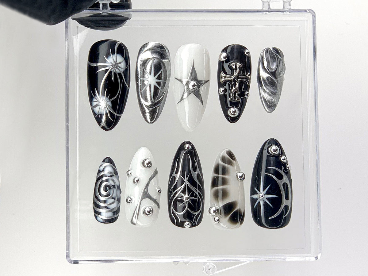 Elegant Gothic Press On Nails, 3D Designs with Cross, Star, Spiral Acrylic Nails