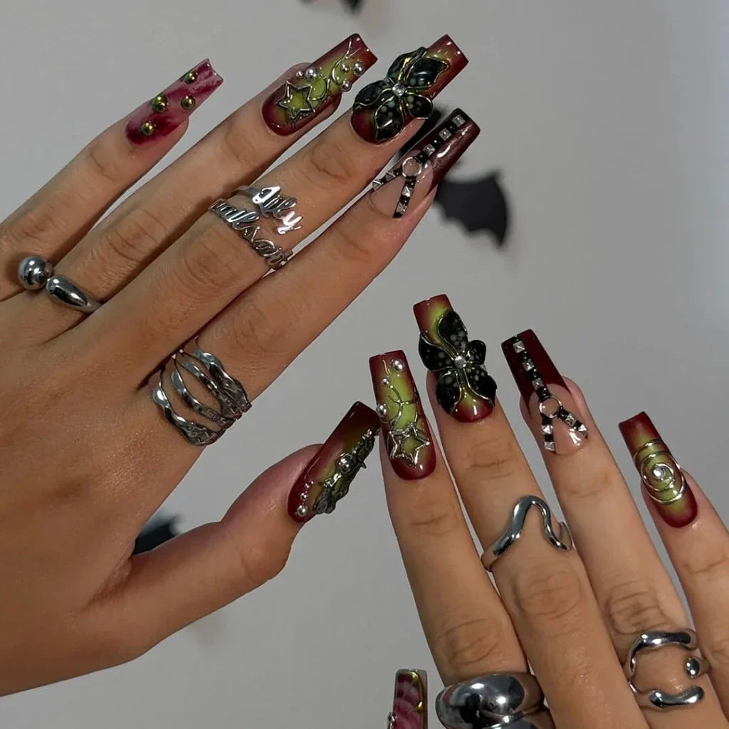 Dominion Red Floral Handmade Press On Nails