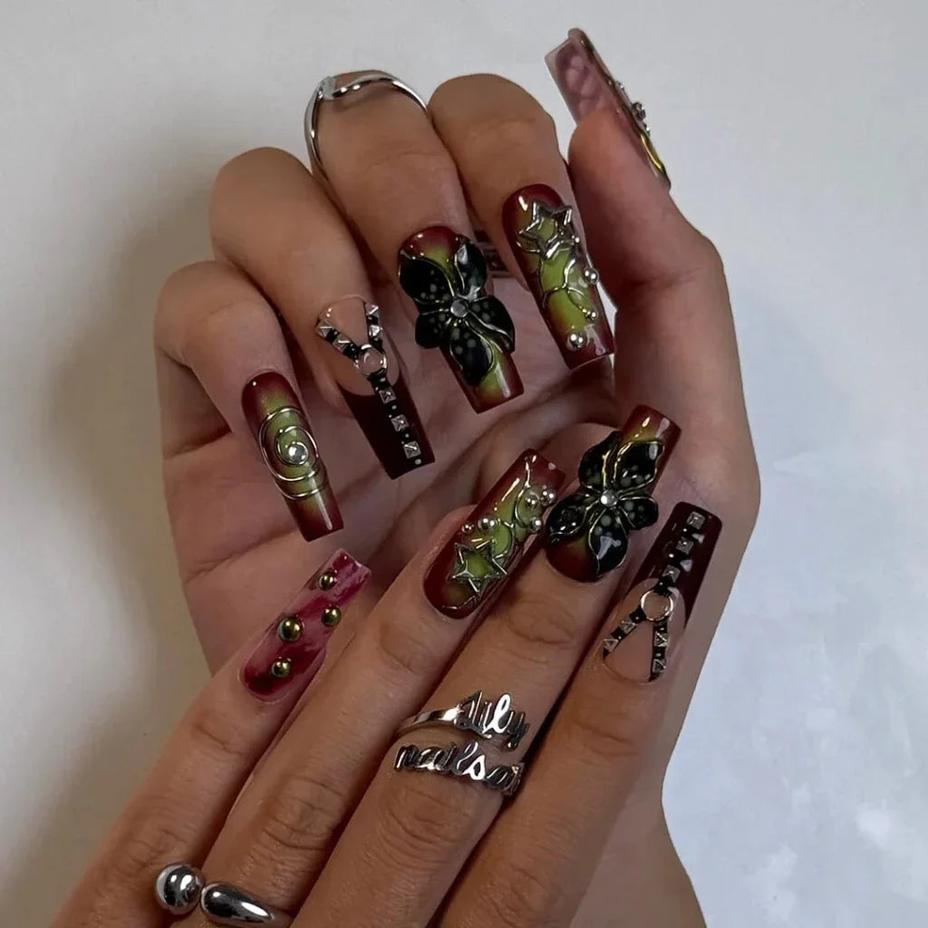 Dominion Red Floral Handmade Press On Nails