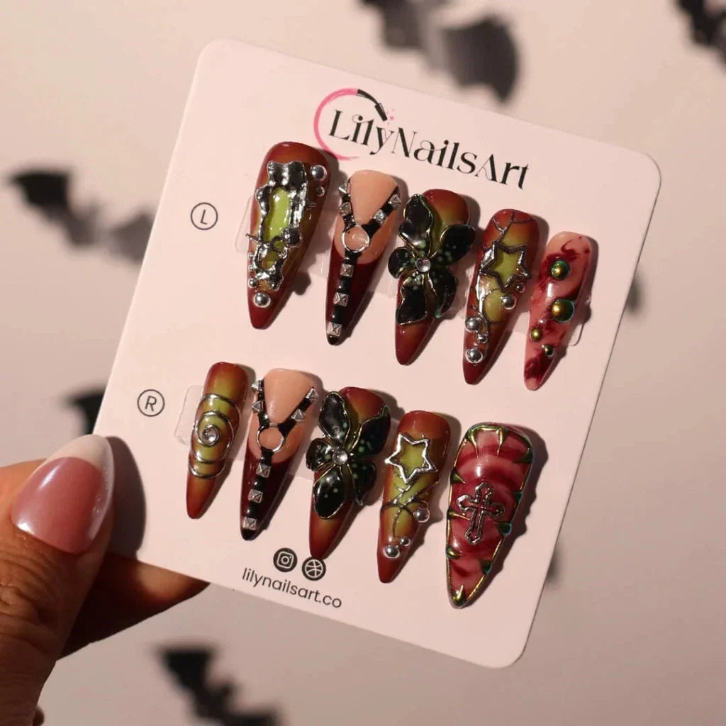 Dominion Red Floral Handmade Press On Nails