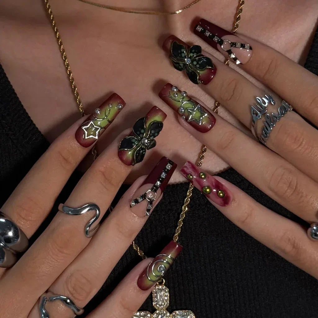 Dominion Red Floral Handmade Press On Nails