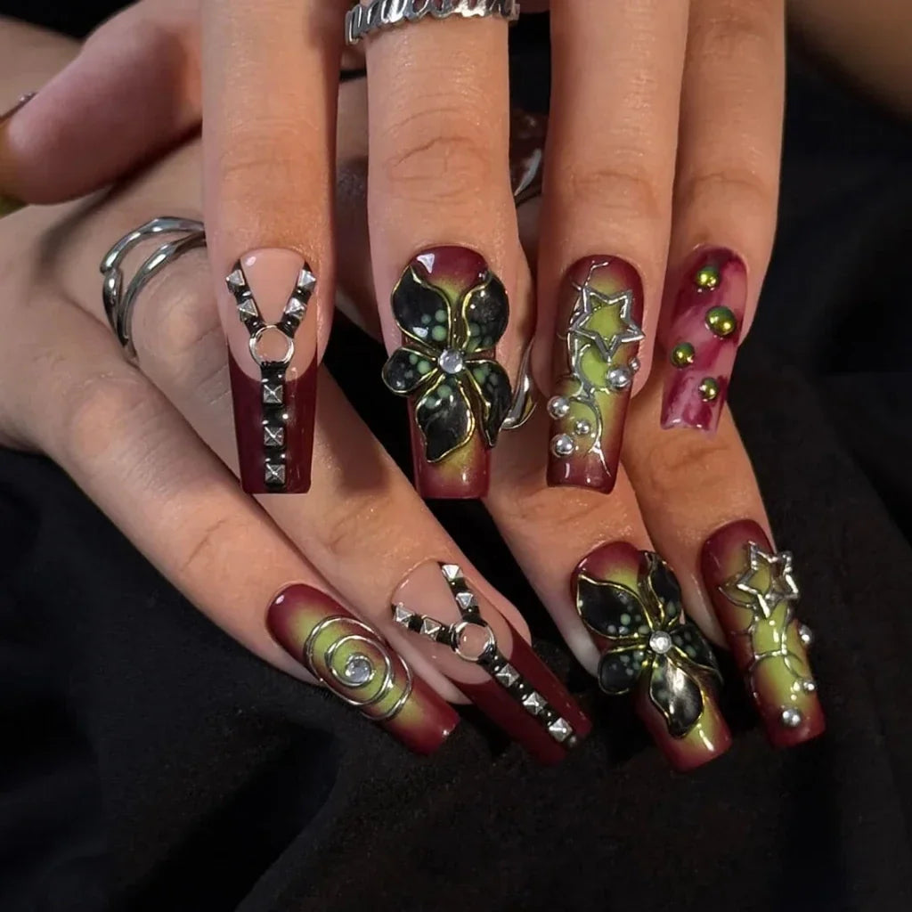 Dominion Red Floral Handmade Press On Nails