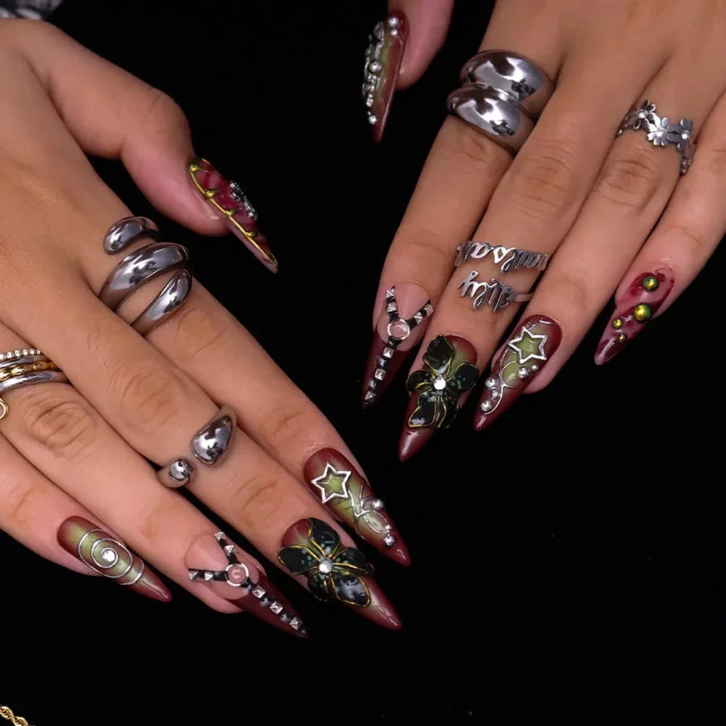 Dominion Red Floral Handmade Press On Nails
