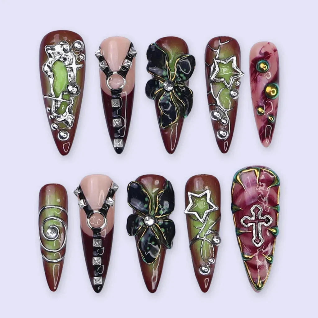 Dominion Red Floral Handmade Press On Nails