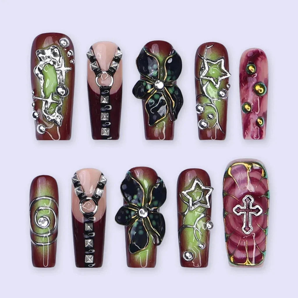 Dominion Red Floral Handmade Press On Nails