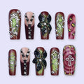 Dominion Red Floral Handmade Press On Nails