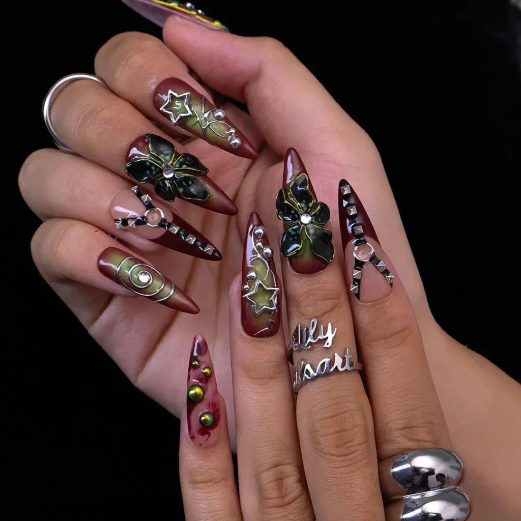 Dominion Red Floral Handmade Press On Nails