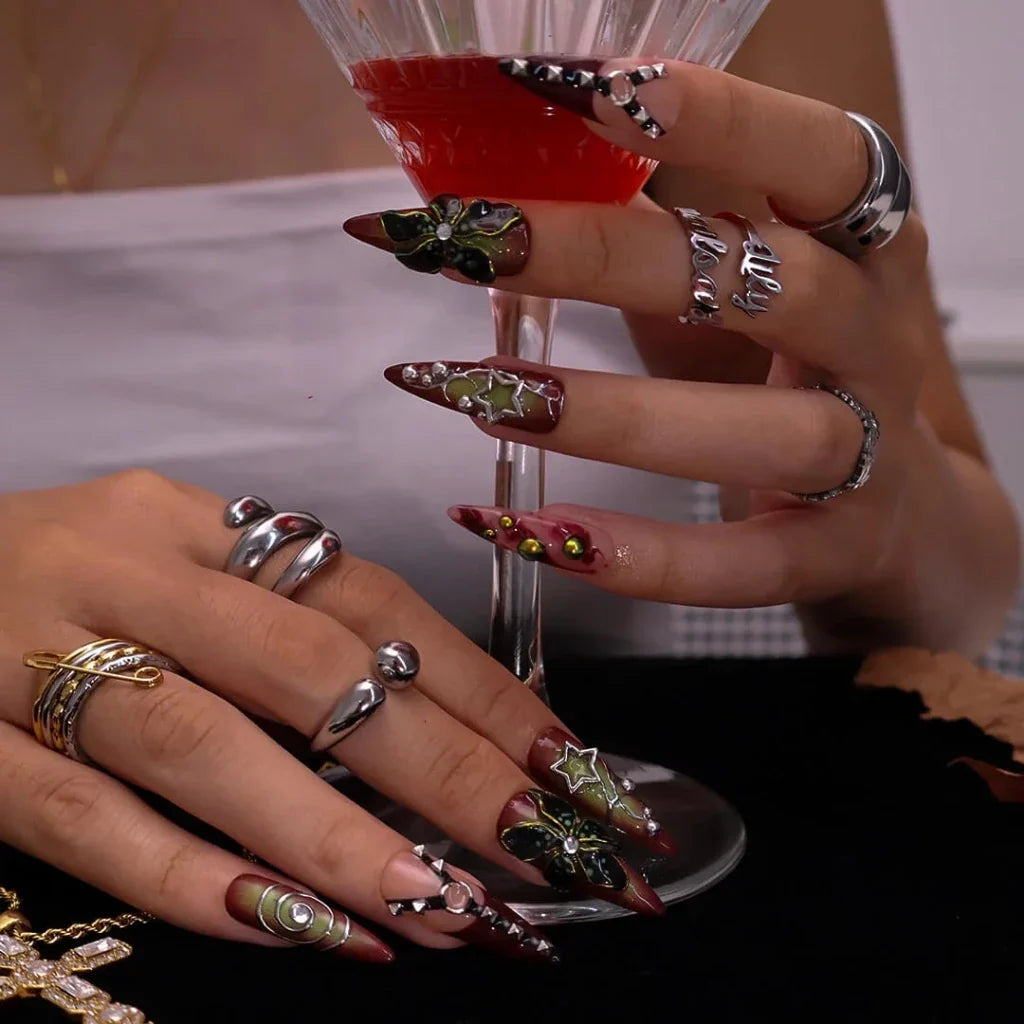 Dominion Red Floral Handmade Press On Nails