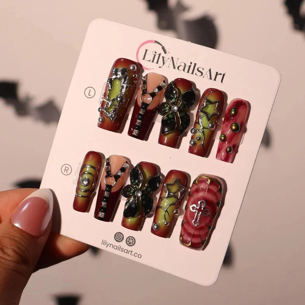 Dominion Red Floral Handmade Press On Nails