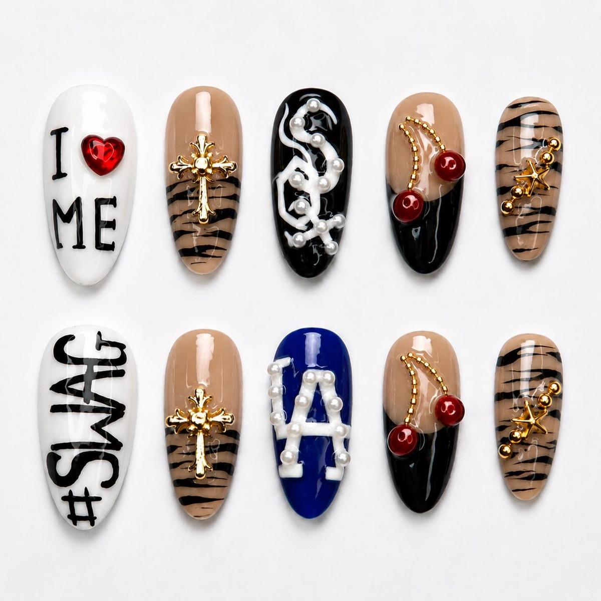 Y2K Graphic Press On Nails, Cherry Cross Letter Nail Set, Edgy Black White Statement