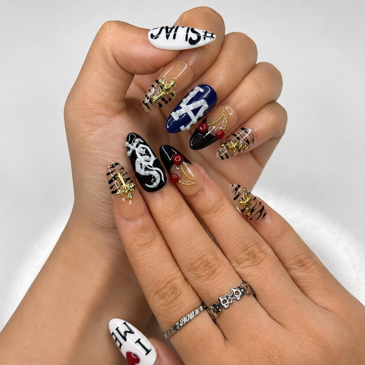 Y2K Graphic Press On Nails, Cherry Cross Letter Nail Set, Edgy Black White Statement