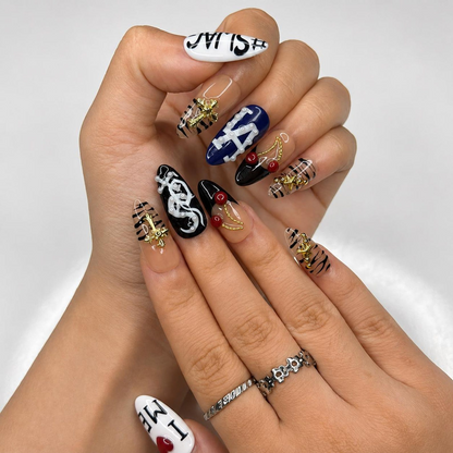 Y2K Graphic Press On Nails, Cherry Cross Letter Nail Set, Edgy Black White Statement