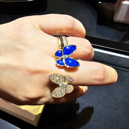 Two Butterfly Blue Agate Pavé Between the Finger Ring