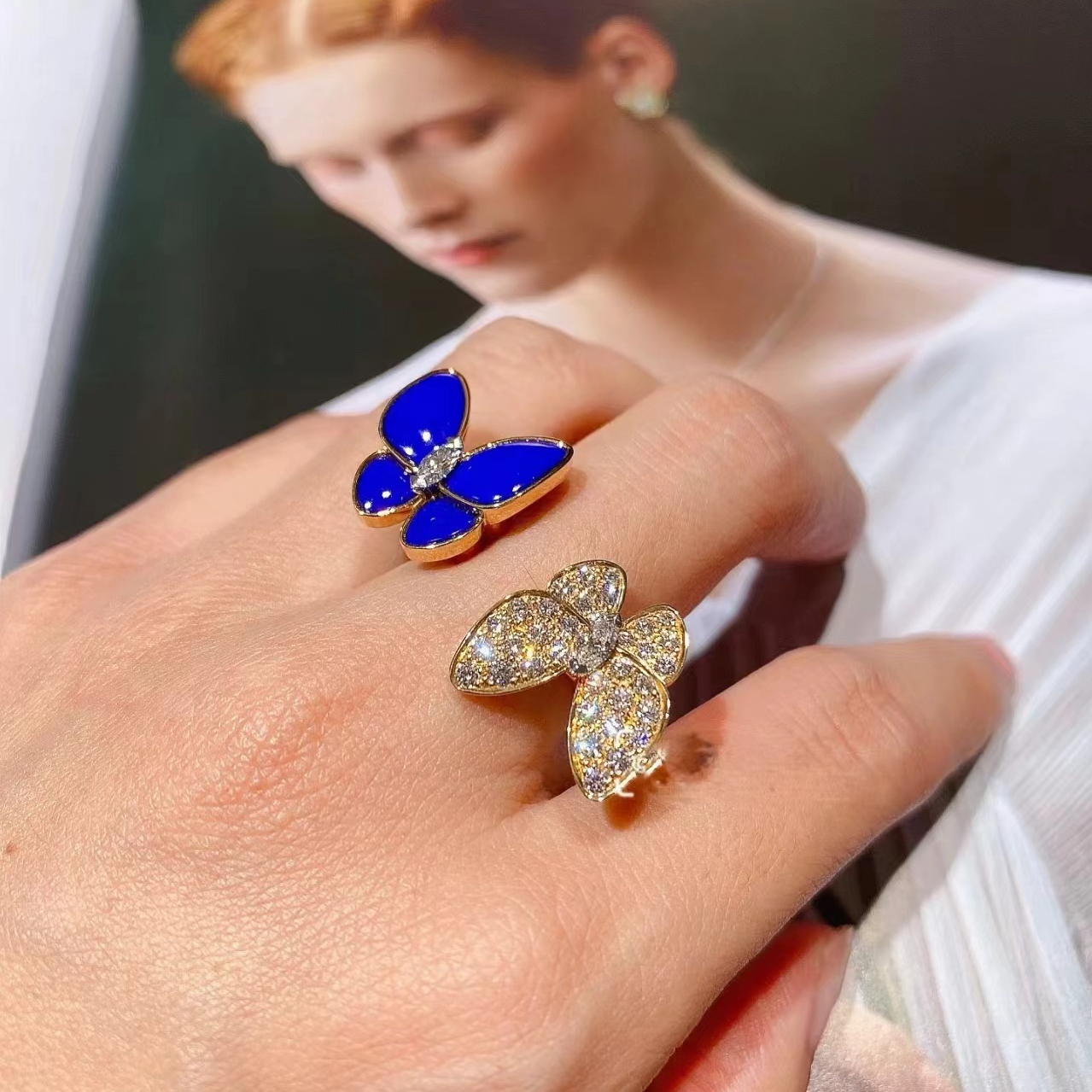 Two Butterfly Blue Agate Pavé Between the Finger Ring