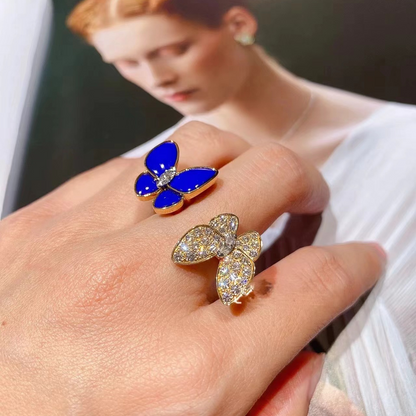 Two Butterfly Blue Agate Pavé Between the Finger Ring