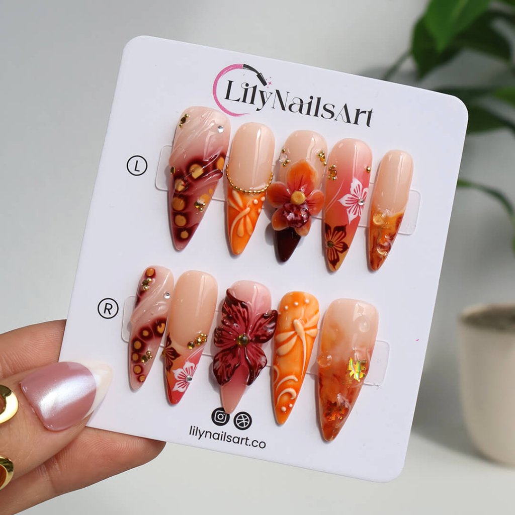 Dragonfly Orange Handmade Press On Nails