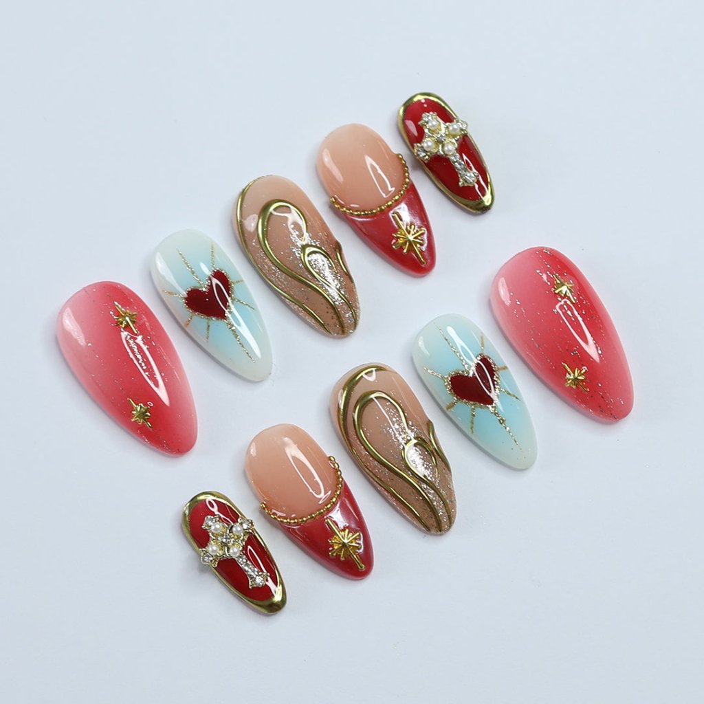 Elegance Red Blue Handmade Press On Nails