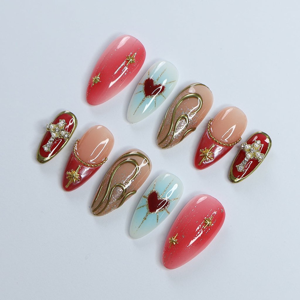 Elegance Red Blue Handmade Press On Nails