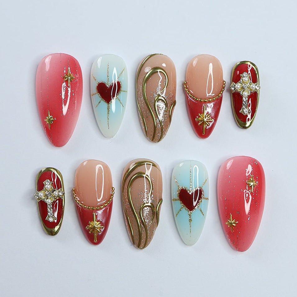 Elegance Red Blue Handmade Press On Nails