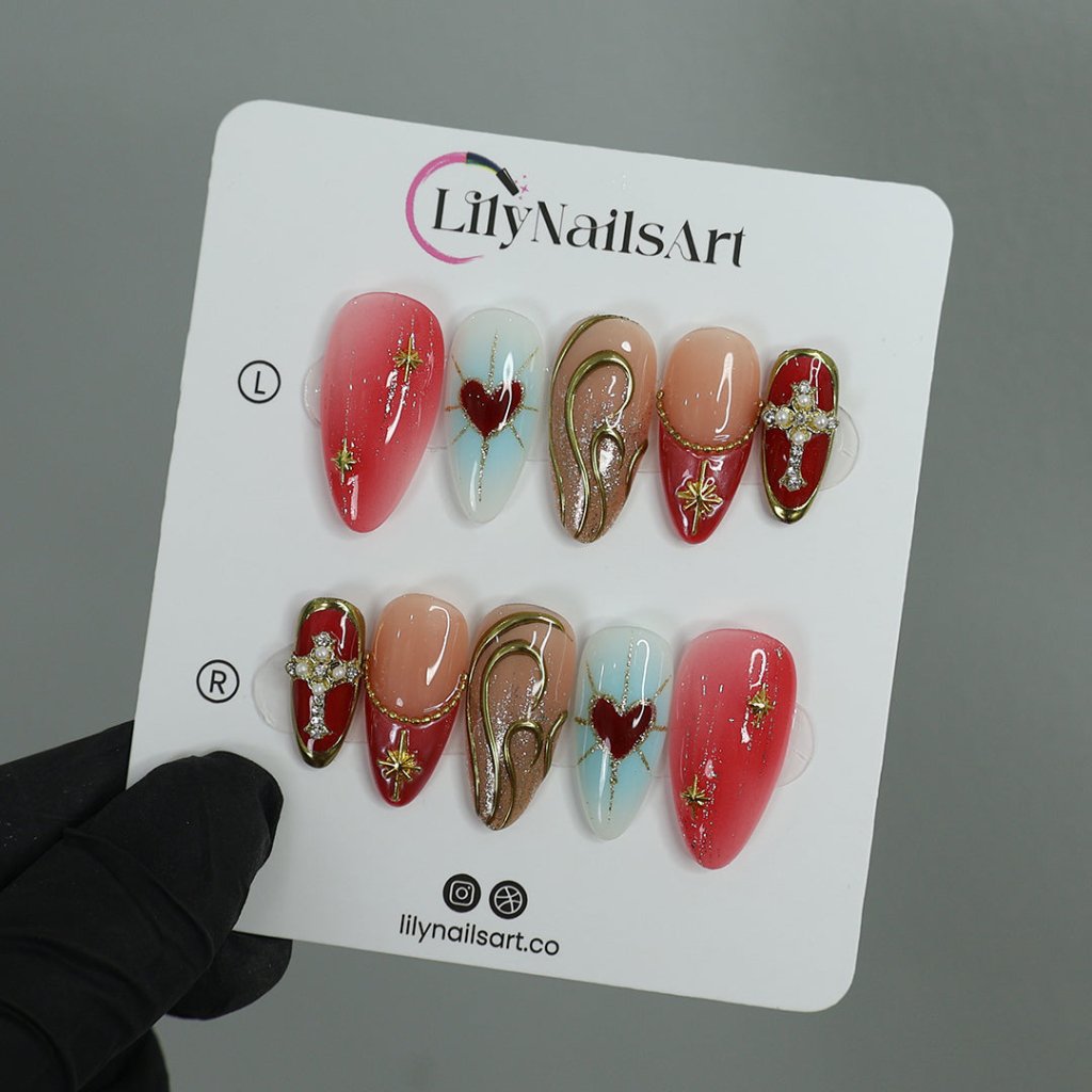 Elegance Red Blue Handmade Press On Nails