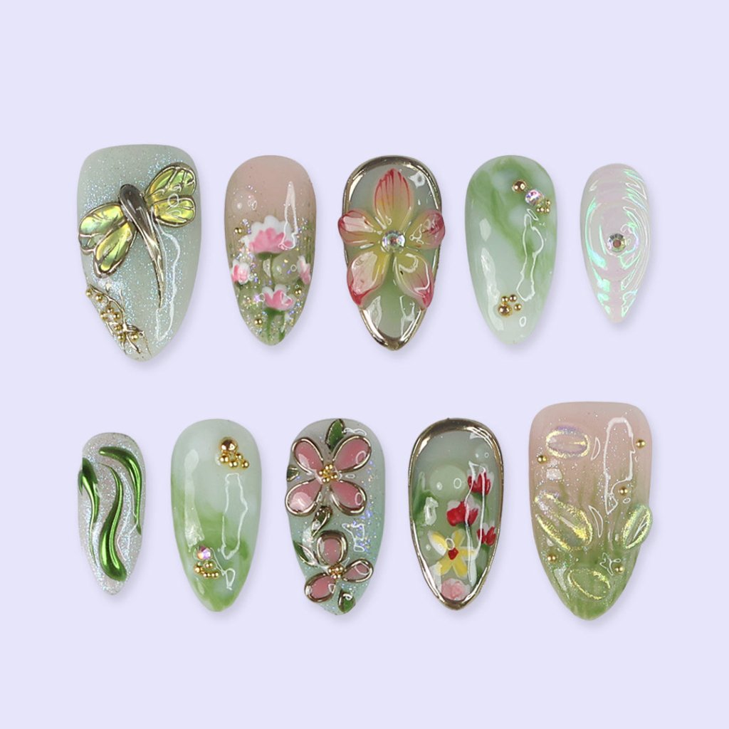 Elyora Green Handmade Reusable Press On Nails