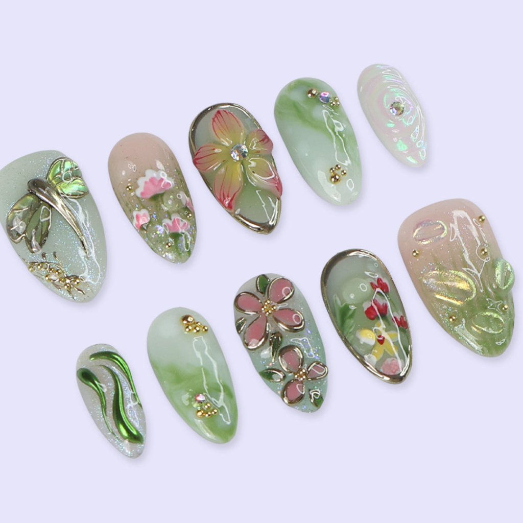 Elyora Green Handmade Reusable Press On Nails
