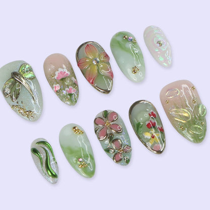 Elyora Green Handmade Reusable Press On Nails