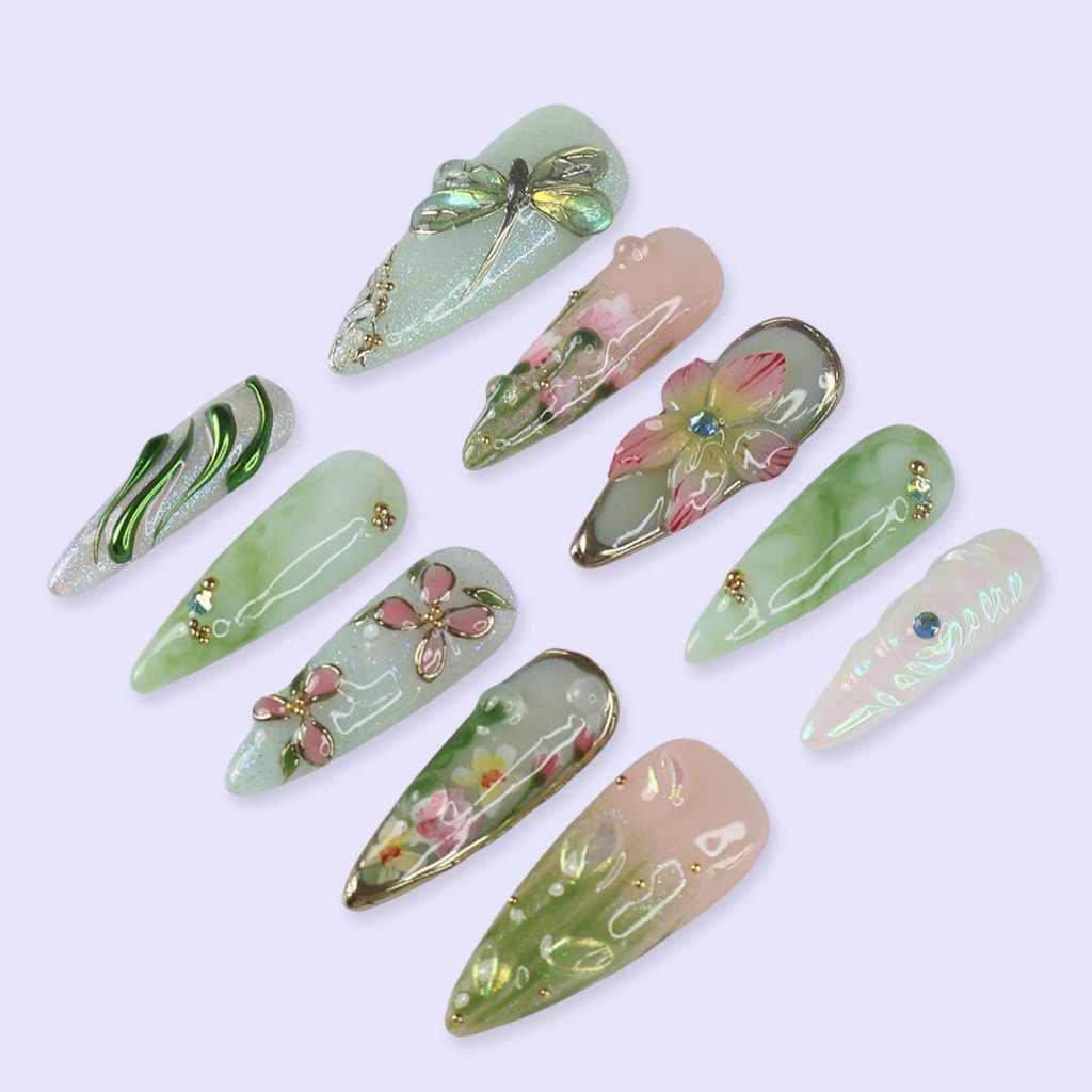 Elyora Green Handmade Reusable Press On Nails