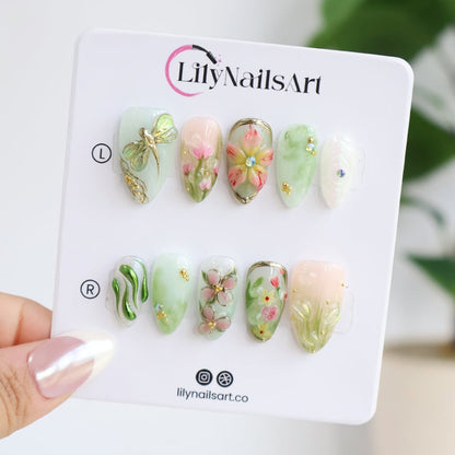 Elyora Green Handmade Reusable Press On Nails