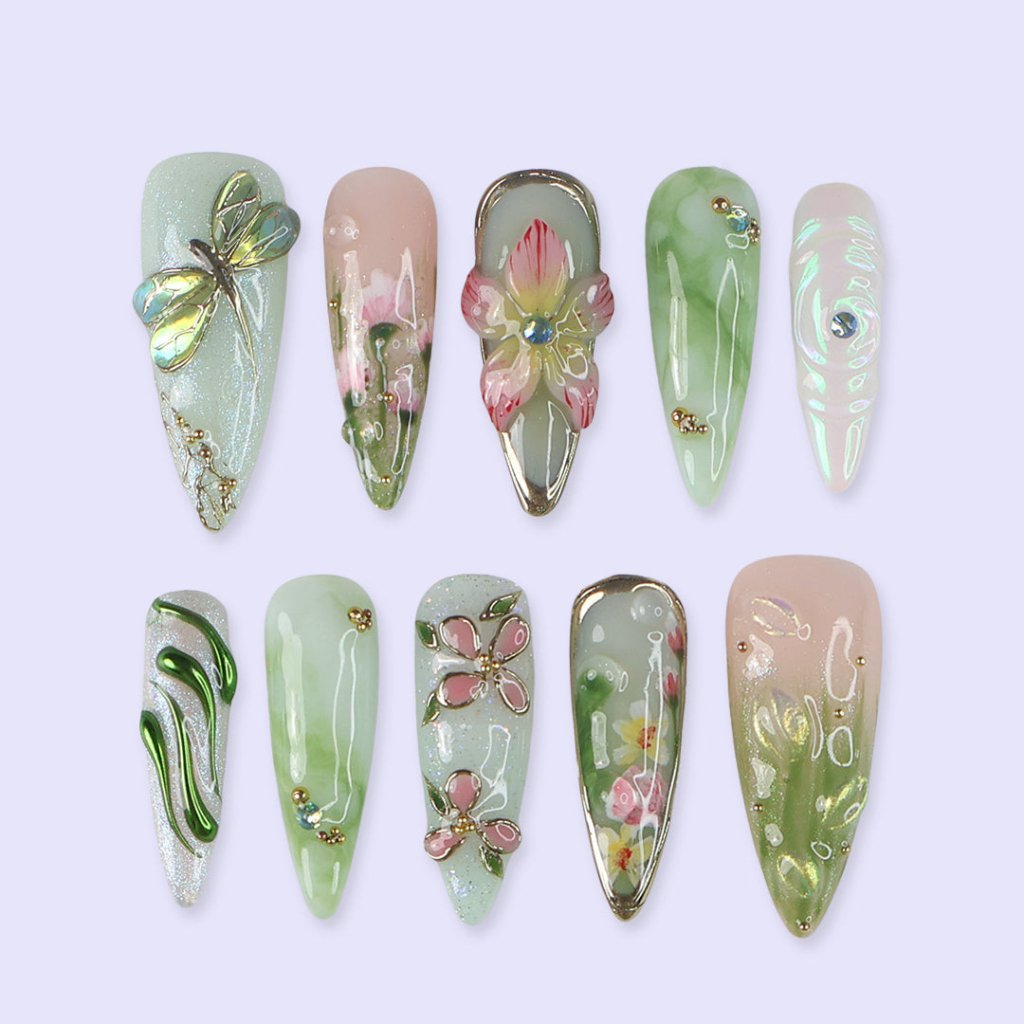 Elyora Green Handmade Reusable Press On Nails