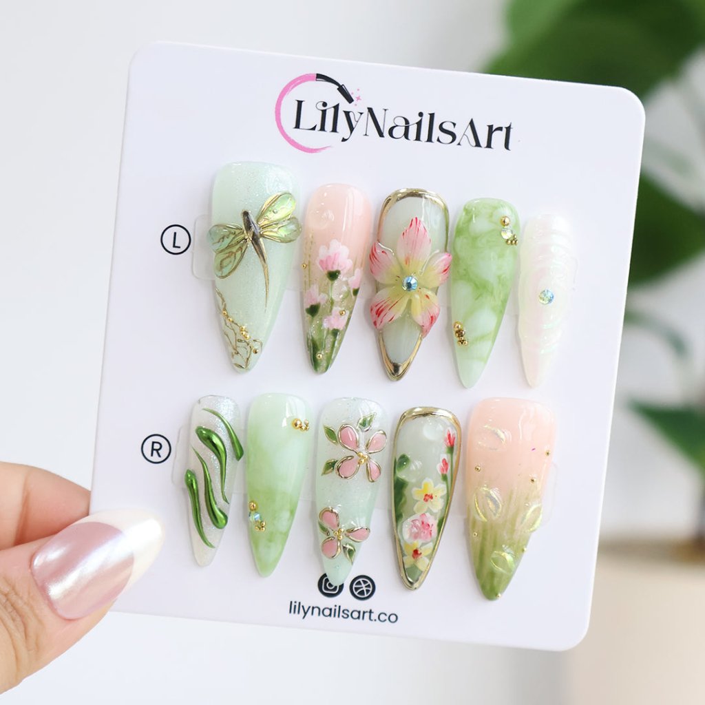 Elyora Green Handmade Reusable Press On Nails