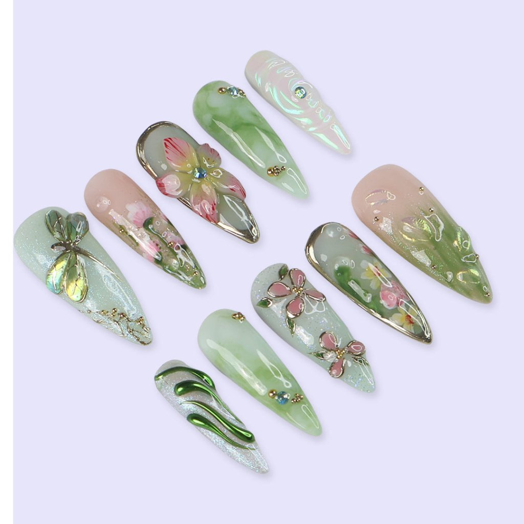 Elyora Green Handmade Reusable Press On Nails