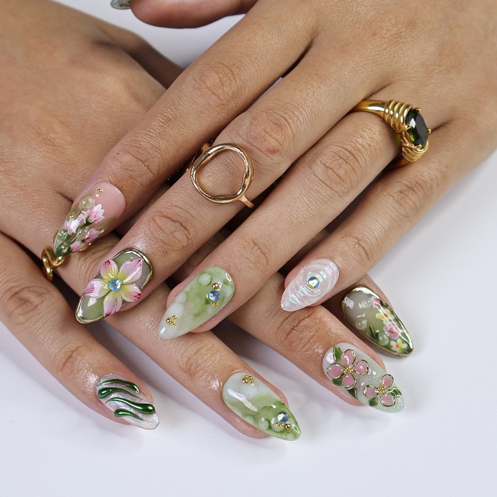 Elyora Green Handmade Reusable Press On Nails
