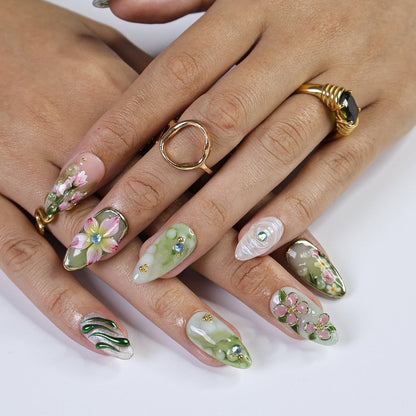 Elyora Green Handmade Reusable Press On Nails