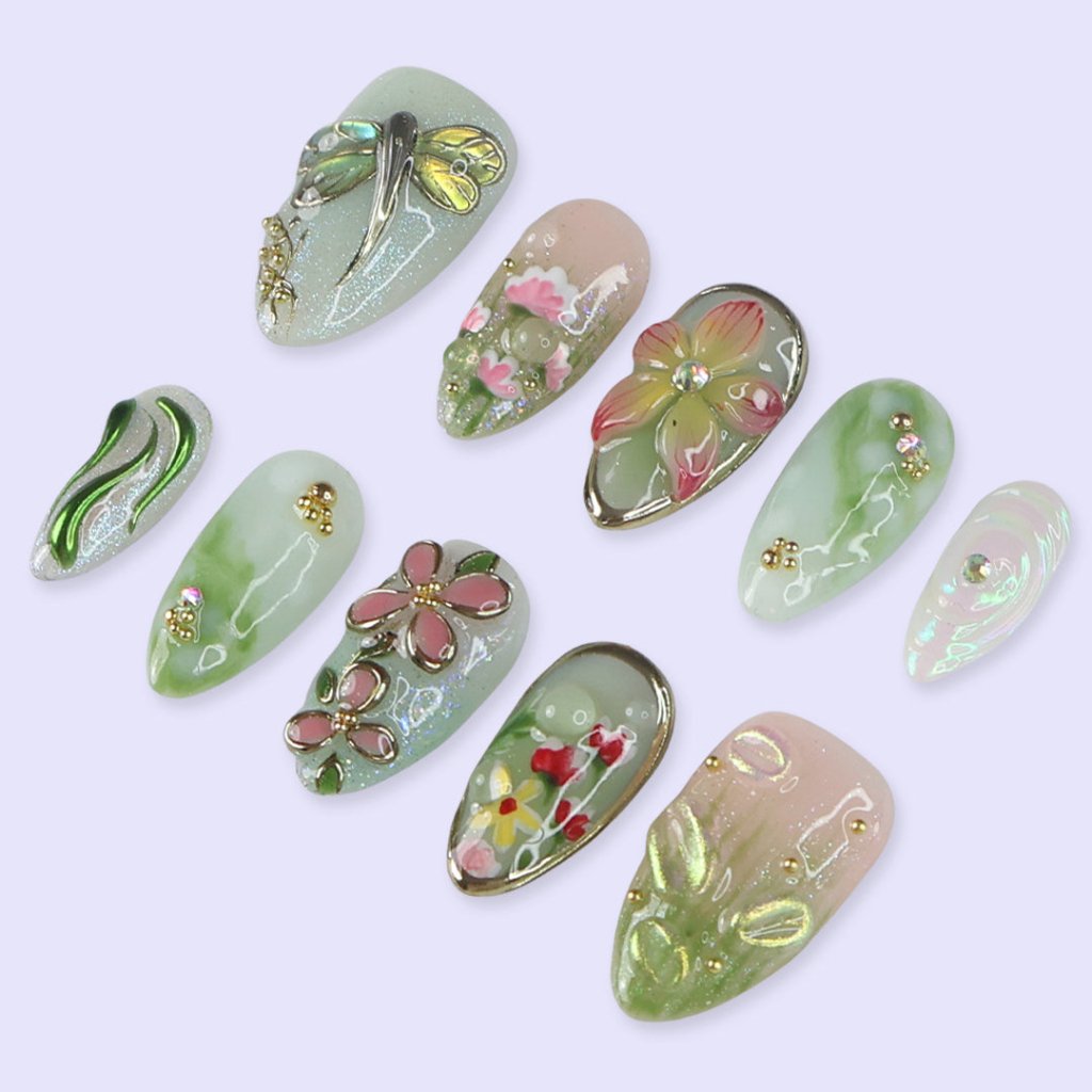 Elyora Green Handmade Reusable Press On Nails