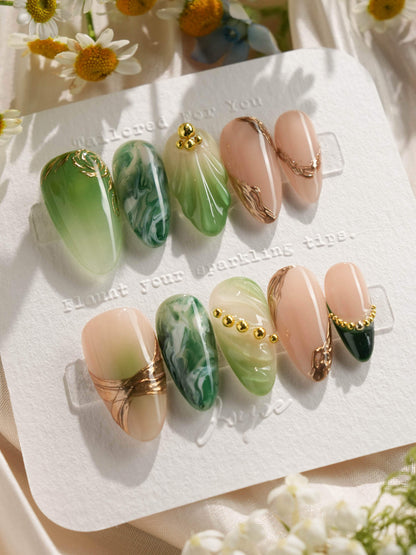 Emerald Jade Sutra Reusable Press On Nails