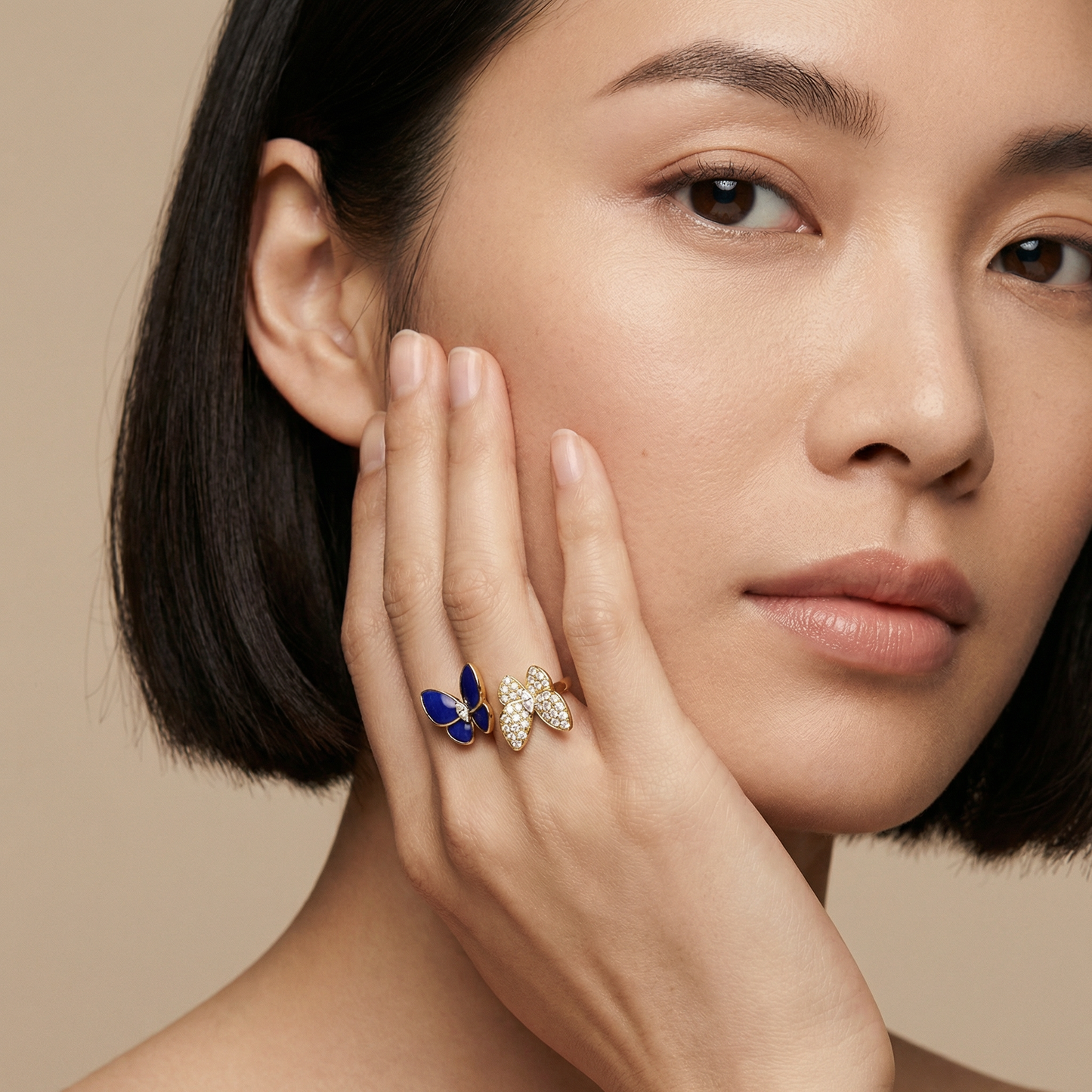 Two Butterfly Blue Agate Pavé Between the Finger Ring