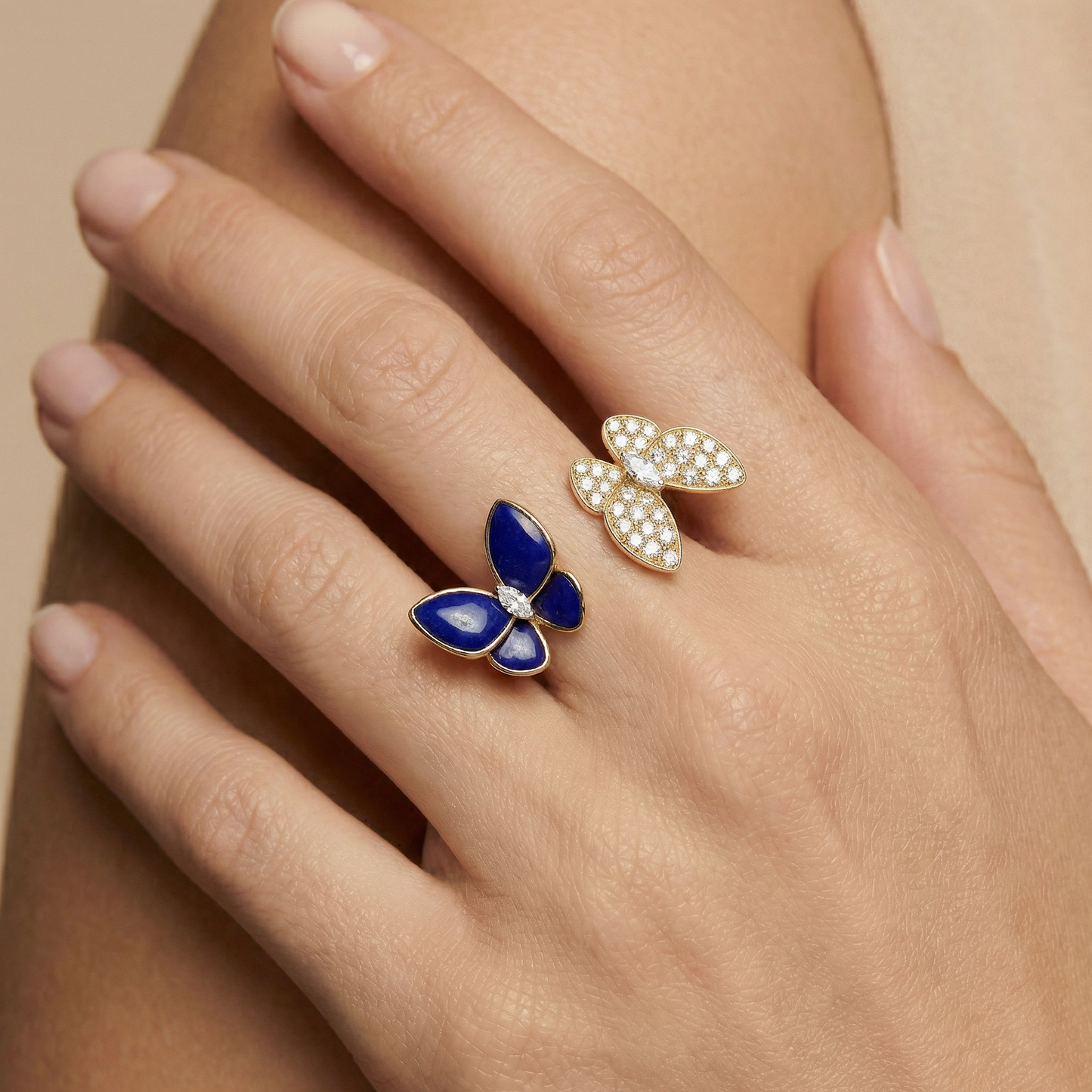 Two Butterfly Blue Agate Pavé Between the Finger Ring