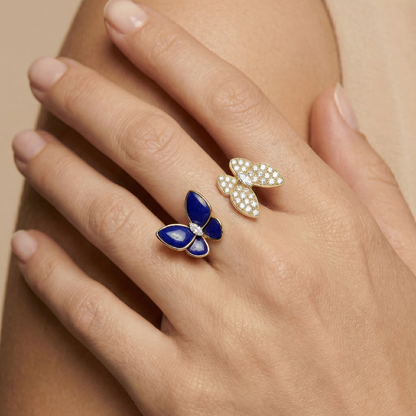 Two Butterfly Blue Agate Pavé Between the Finger Ring