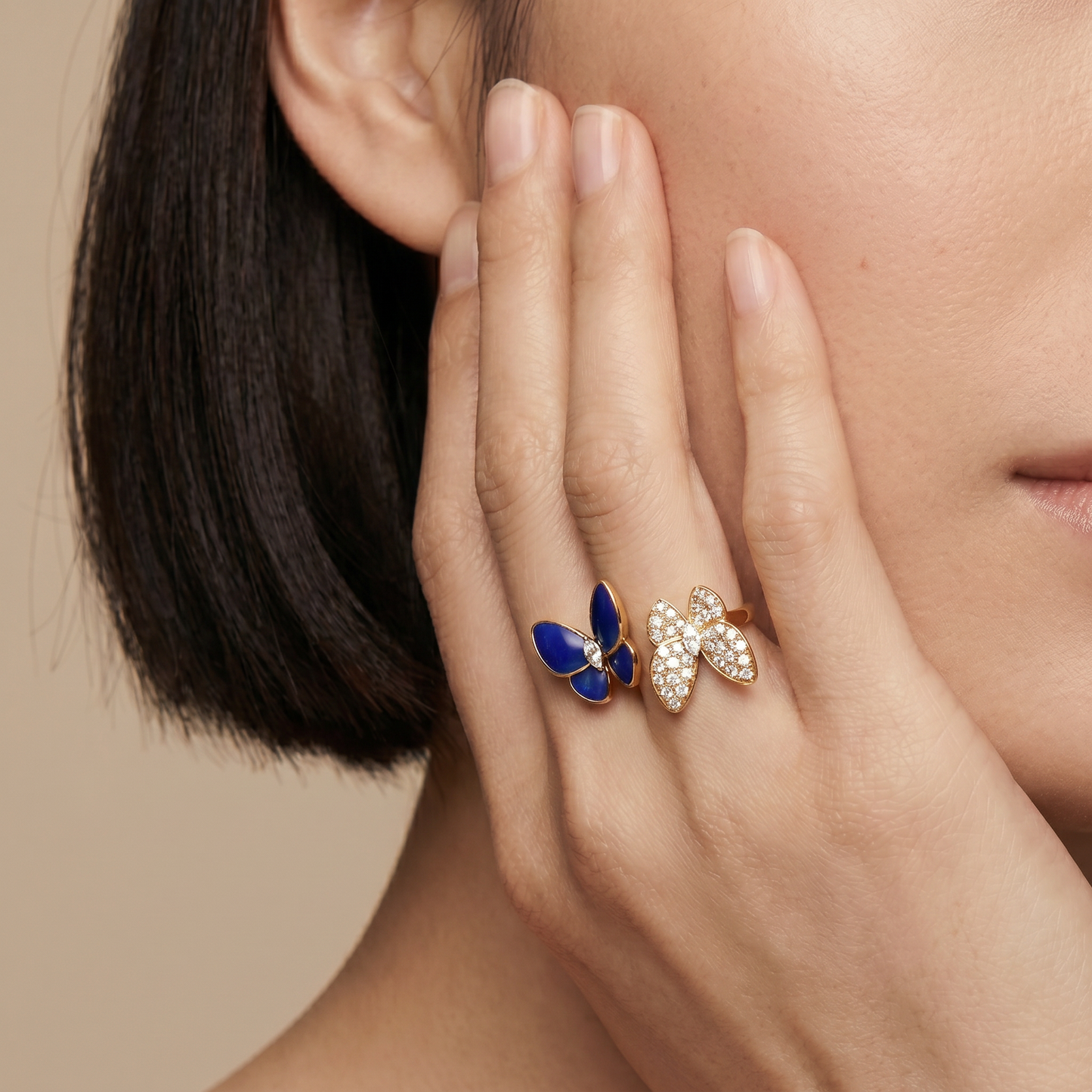 Two Butterfly Blue Agate Pavé Between the Finger Ring