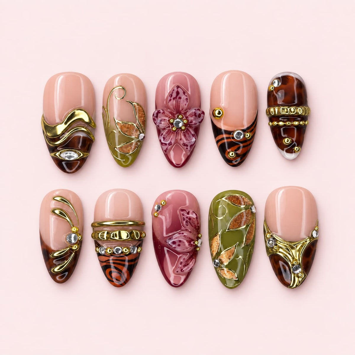 Fall Floral Gold Short Almond Press-On Nails