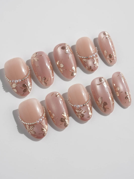 Falling Sakura Gold Reusable Press On Nails