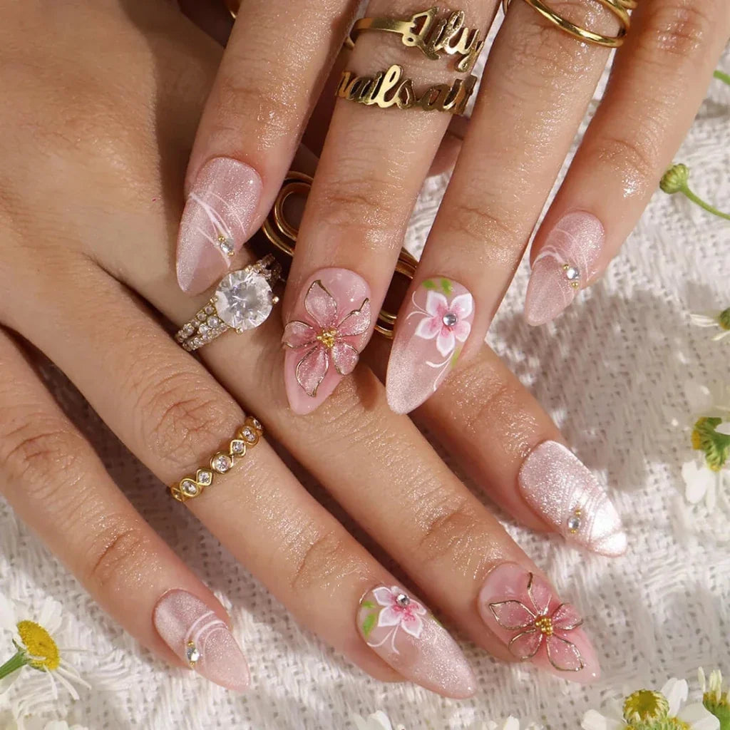 Floraison Rouge Pink Handmade Press On Nails